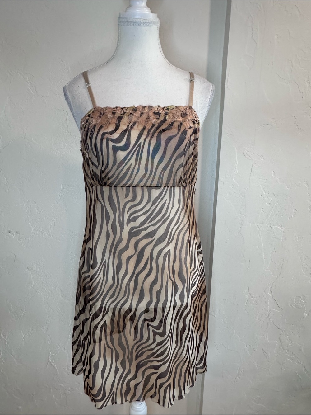 Y2K Brown Zebra Print Mesh Slip Mini Dress Gyaru S/M
